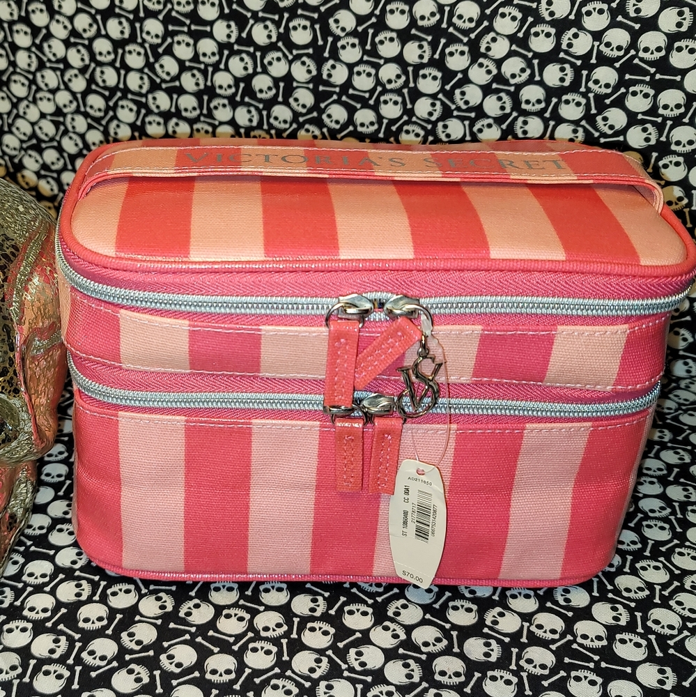 Victorias Secret Lim Ed. Stripe Supermodel Train Case Cosmetic Makeup Bag NWT